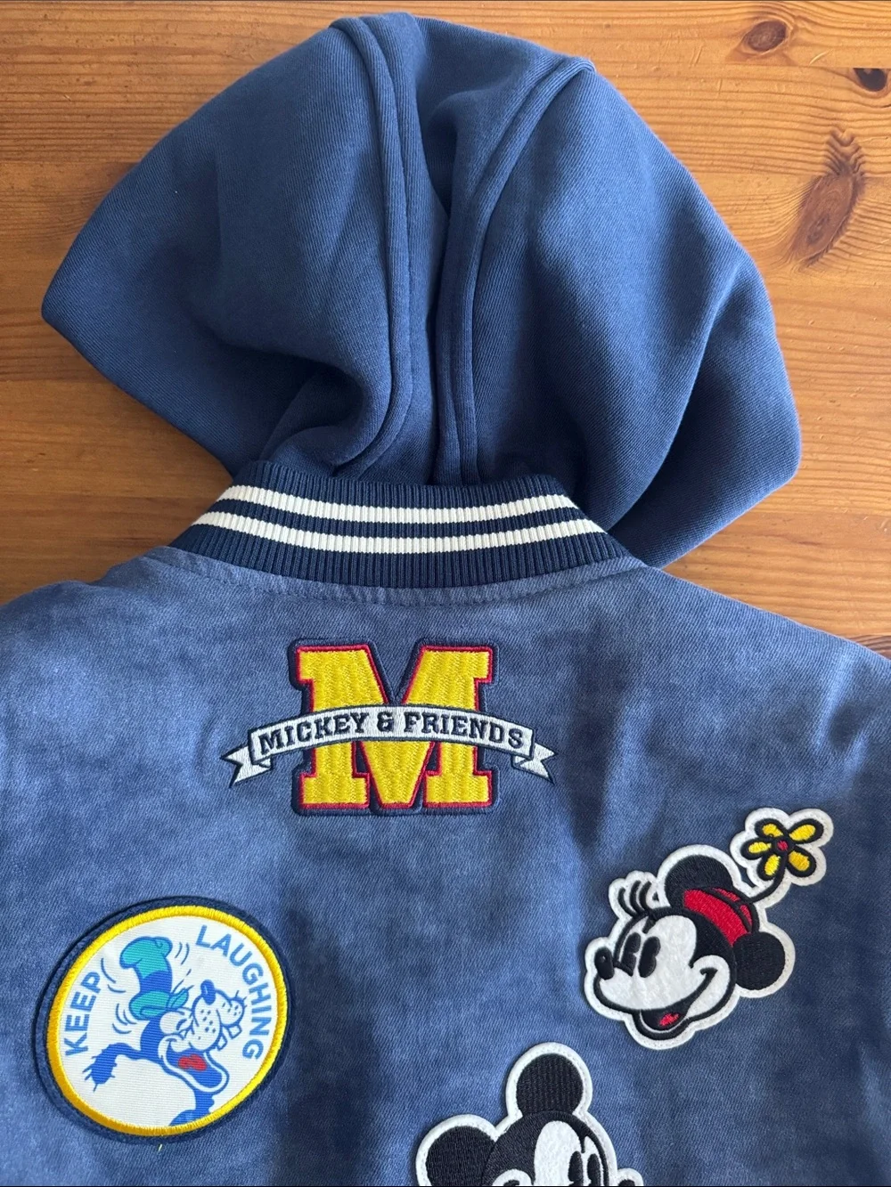 Disney Navy & White Mickey Youth Varsity Hooded Jacket with Embroidery Patches